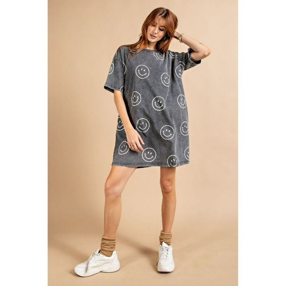 Easel Womens Smiley Happy Oversized Dress or Top in Black New S-L ED18210 - Picture 3 of 11